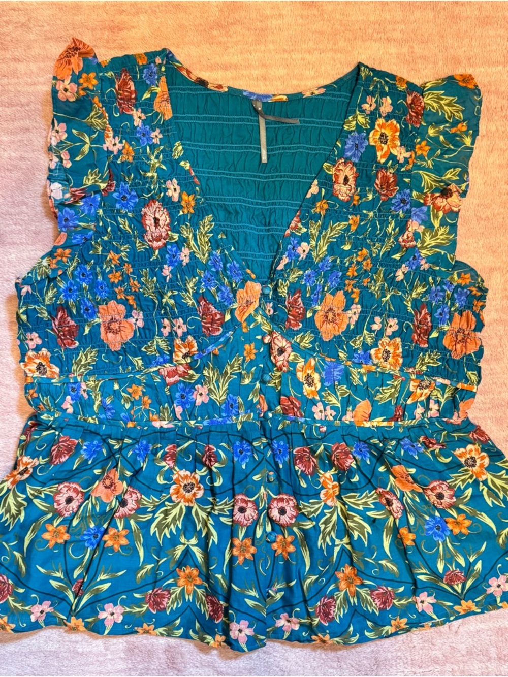 Anthropologie Teal Floral Smocked Top with Orange & Blue Accents